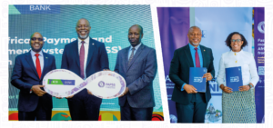 Image on the left: Mr. Paul Russo, Group Managing Director of KCB; Mr. Mike Ogbalu, CEO of PAPSS; Hon. Lee Kinyanjui, Cabinet Secretary Ministry of Investments, Trade and Industry, during the KCB launch event of PAPSS in Nairobi on 27th of February. Image on the right: Mr. Mike Ogbalu, CEO of PAPSS and Dr. Diane Karusisi, CEO of Bank of Kigali, during the Bank of Kigali launch event of PAPSS in Kigali on the 26th of February