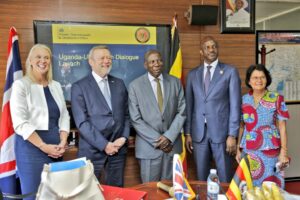 Left to Right: British High Commissioner to Uganda H.E. Lisa Chesney, MBE, UK Minister for Africa Lord Collins of Highbury, Uganda's Minister of Finance Hon. Matia Kasaija, Permanent Secretary & Secretary to the Treasury Ramathan Ggoobi, and Uganda's High Commissioner to the UK Nimisha Madhvani. | PHOTO: Ministry of Finance, Planning and Economic Development.